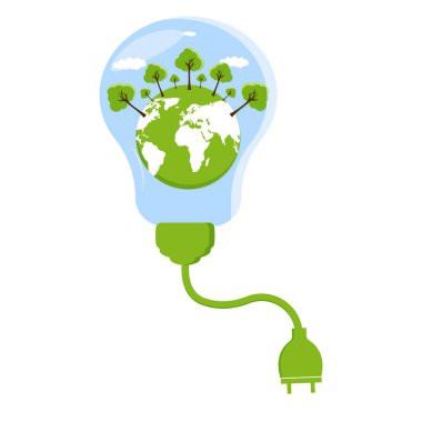  Ekoloji kavramı, dünya enerji tasarrufu ampulü yeşil, vektör illüstrasyonunda. yeşil eko şehri