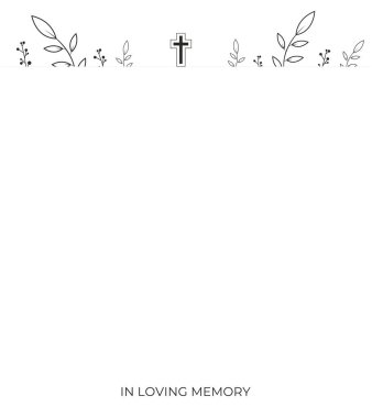 Cenaze törenleri için çiçek çerçevesi. Siyah kilise beyaz arka planda kesişiyor. Sevgi dolu anı metninde. Boş kart.