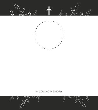 Soyut çiçek arkaplanı ve fotoğraf çerçeveli cenaze kartı. Beyaz arkaplan.