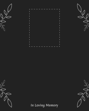 Sevgi dolu anılar için içinde fotoğraf ve metin olan bir anma kartı. Yapraklar. siyah arkaplan