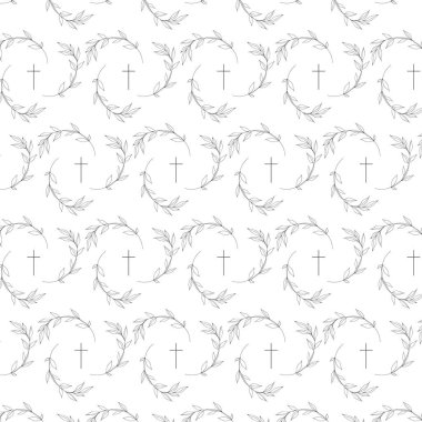 Kusursuz desenli yapraklar ve beyaz arka planda kilise haçı.
