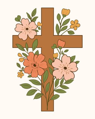 Beyaz arka planda çiçeklerle süslenmiş kilise haçları.