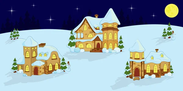 田舎の冬の夜 星空と月の下で雪に覆われたカントリーハウス クリスマスと新年 ベクターイラスト — ストックベクタ