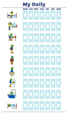 Anaokulu ve ilkokul çocukları için günlük planlama şablonu. Yavru kurbağa gün içinde çeşitli görevler yerine getirir. Parlak vektör illüstrasyonu.