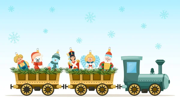 秋の雪の結晶を背景にクリスマスのおもちゃや装飾を運ぶかわいいクリスマスの列車 ベクターイラスト — ストックベクタ
