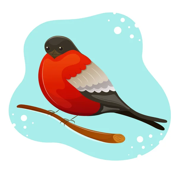 Cute Bullfinch Sitting Branch Vector Character Winter Bird Blue Background — Stock Vector