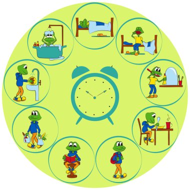 Çocuk için rutin bir saat. Çalar saat. Yavru kurbağa gün içinde çeşitli görevler yerine getiriyor. Parlak vektör illüstrasyonu.