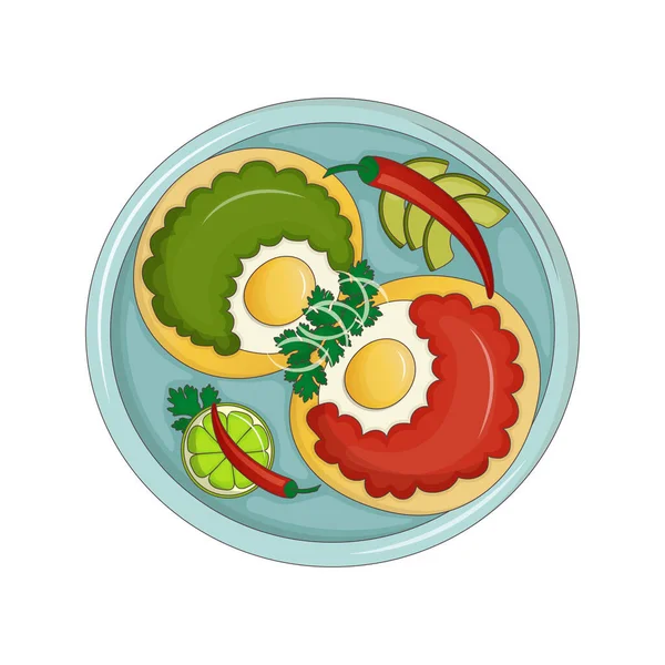 Μεξικάνικο Πρωινό Αυγά Huevos Διαζύγια Για Καλαμπόκι Tortillas Δύο Σάλτσες — Διανυσματικό Αρχείο