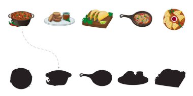 Çocuk Bulmacası Kimin Gölgesi Bul. İlkokul çağındaki çocuklar için. Latin Amerika mutfağı. Vektör çizimi. Çizgi film.