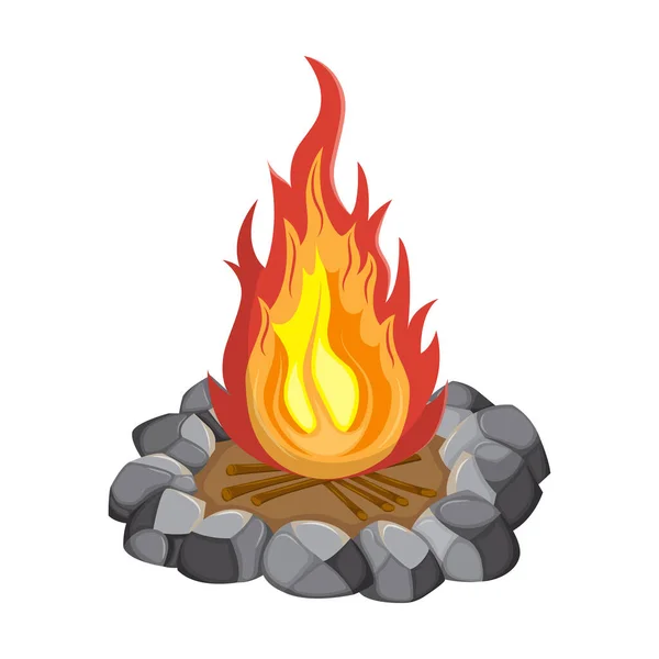 Burning Bonfire Wood Stones Bright Fire Vector Illustration Isolated White — Vetor de Stock