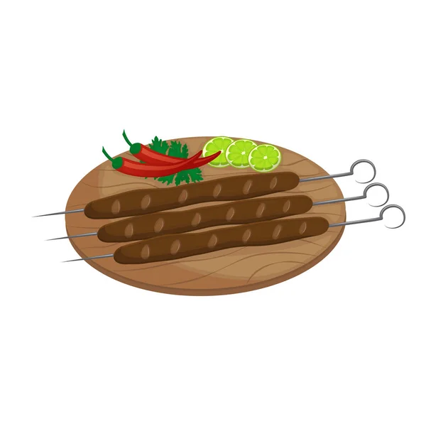 East Asian Dish Kebab Minced Meat Skewer Lime Greens Vector — 스톡 벡터