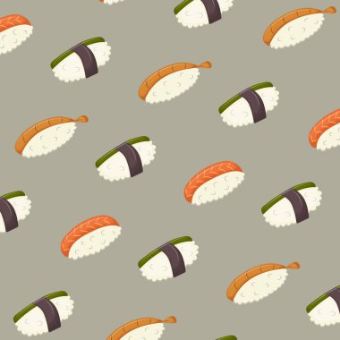Seamless pattern on green background with Japanese sushi. Traditional Asian cuisine. Vector illustration. Background, flyer, poster, textile, printed matter.