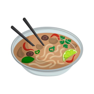 Pho bo is Vietnamese light soup with rice noodles, meat, and vegetables. Asian traditional cuisine. Vector illustration. Cartoon.