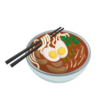 Japanese hot soup - ramen. Traditional Asian cuisine. Rich broth with noodles, eggs, mushrooms and pieces of meat. Vector illustration. Cartoon.