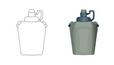 Coloring page for children. Metal water flask for camping, survival, military. Vector. Kids coloring book for elementary school. Black and white illustration.