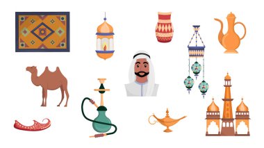 Vector set of 11 Eastern Islamic cultural items. Traditional Arabic elements from the Middle East. Flat vector illustration.