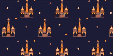 Arap temalı kusursuz bir şablon. Mavi arka plandaki camii. Arap mimarisi. Düz vektör illüstrasyonu.