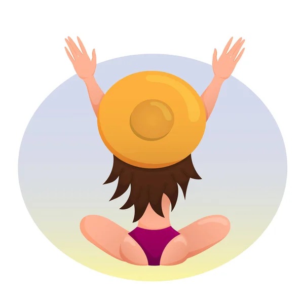 Ein Junges Mädchen Mit Hut Sitzt Strand Und Blickt Über — Stockvektor