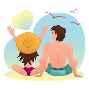 Kumsalda oturan aşık bir çift. Oğlan ve kız güneşin doğuşunu ve uçan martıları izliyorlar. Düz vektör illüstrasyonu.