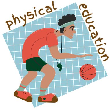 Düdük ve basketbolla beden eğitimi öğretmeni. Basketbolcu ya da hakem. Düz vektör illüstrasyonu.