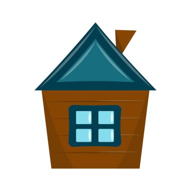 Ahşap kulübe beyaz arka planda izole edilmiş. Ahşap kulübenin logosu. Kış ormanında peri masalı kulübesi. Düz vektör illüstrasyonu.