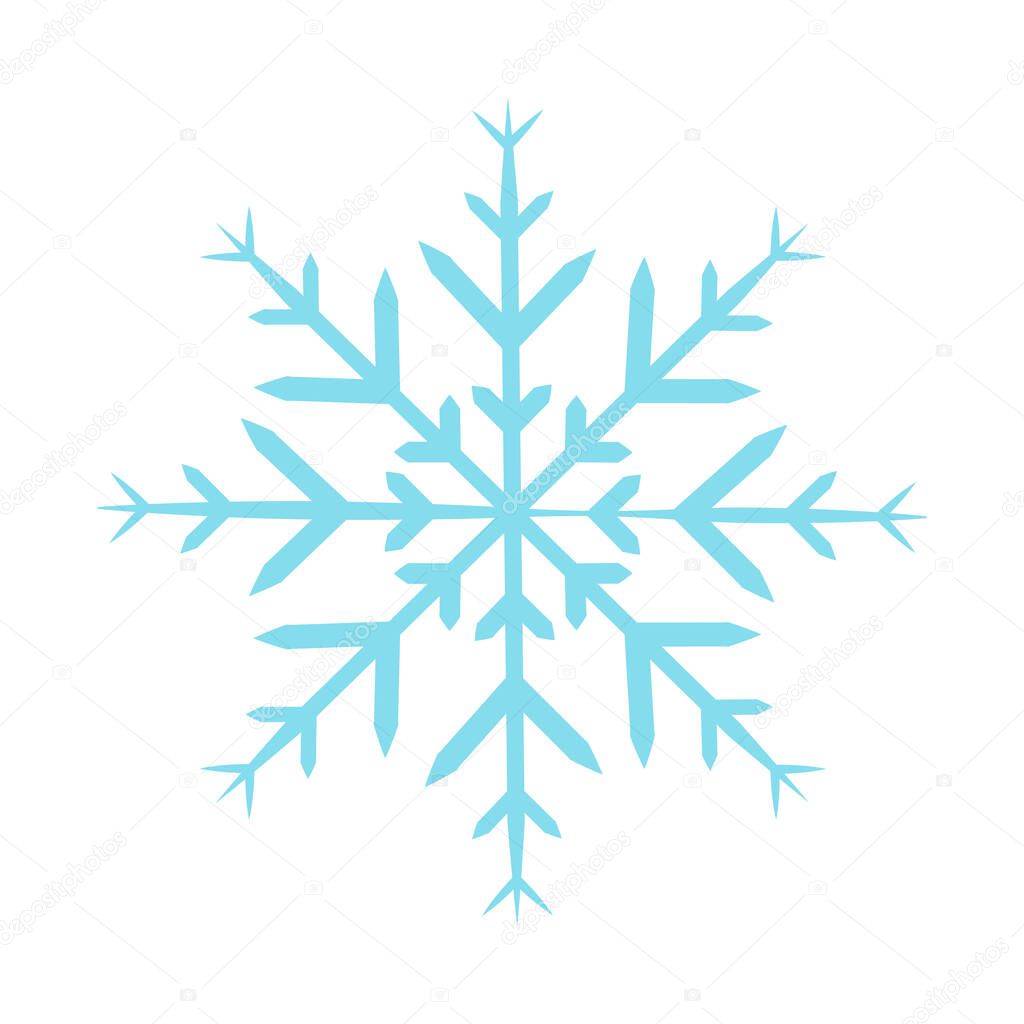Blue symmetrical snowflake isolated on white background. Symbol of winter and cold. Flat vector illustration.