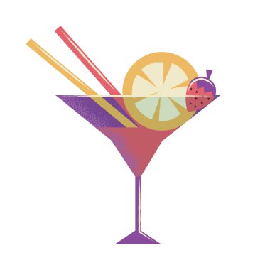 Çilek ve meyveli soğuk yaz kokteyli. Alkolik tatlı içecek. Partilerin ve festivallerin sembolü. Düz vektör çizimi beyaz arkaplanda izole edildi.