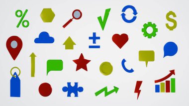 Okları, işaretleri, fiyat etiketleri ve diyagramları olan plastik simgeler. Satış, ticaret ve istatistiklerin planlanması ve görselleştirilmesi. Çizgi film 3 boyutlu simgeleri izole etti