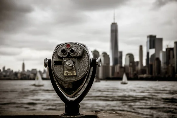 Binoculars Ellis Island View Manhattan Skyline New York Stock Picture