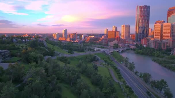 Drone Wide Angle View Calgary City Canada Sunset Time — стокове відео