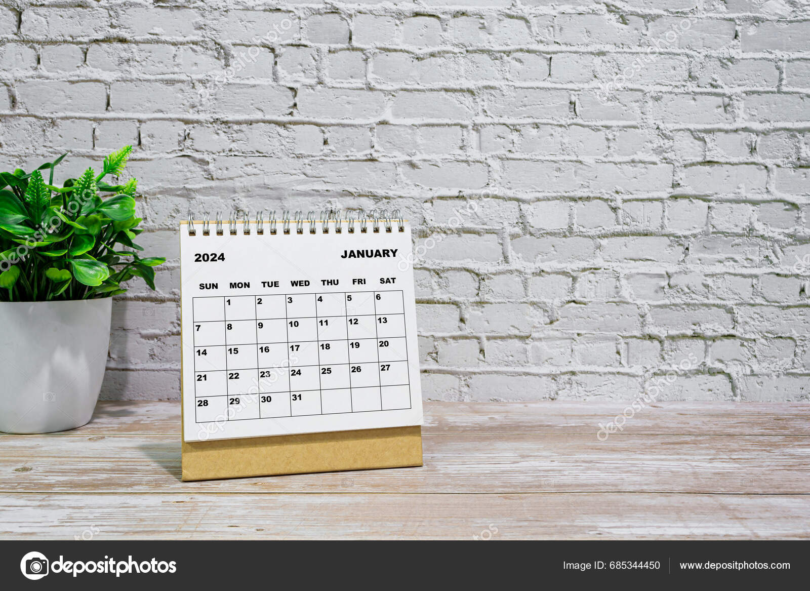 White January 2024 Calendar Office Wooden Desk Potted Plant 2024 Stock 