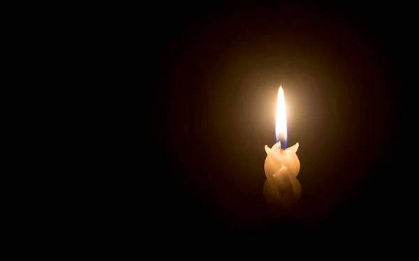 stock image A single burning candle flame or light is glowing on a spiral white candle on black or dark background on table in church for Christmas, funeral or memorial service.