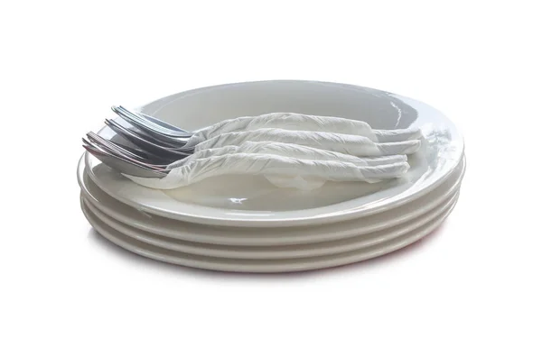 宾馆或餐馆精心准备的餐具 带有勺子和叉子的白盘在白色背景下与切割路径隔离 — 图库照片