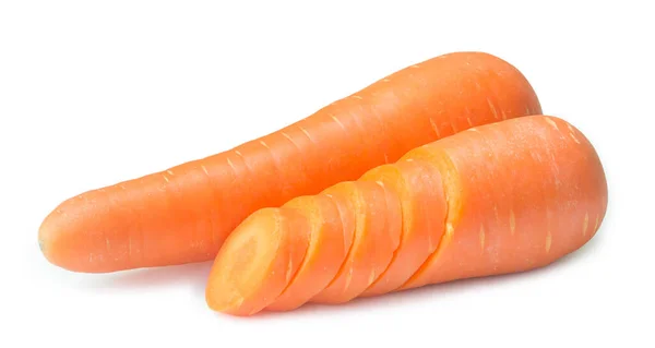 Due Carote Arancioni Fresche Con Fette Sono Isolate Sfondo Bianco — Foto Stock