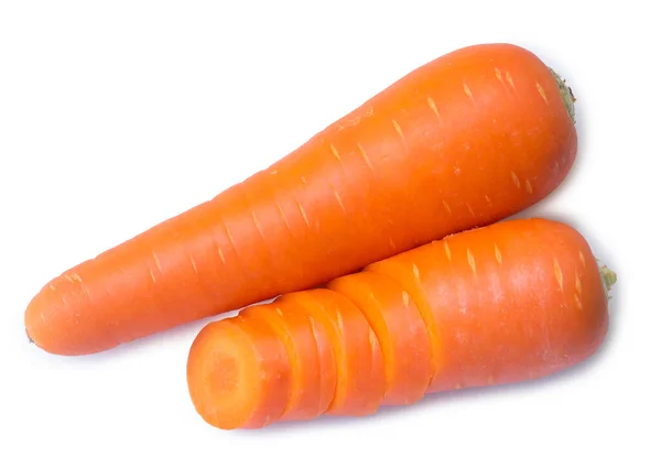 Lapos Szóló Két Friss Narancs Sárgarépa Szeletek Vannak Elszigetelve Fehér — Stock Fotó