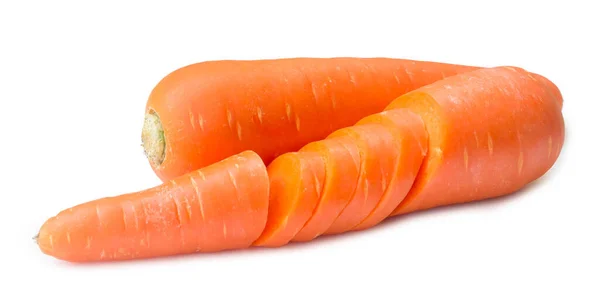 Dos Zanahorias Naranjas Frescas Con Rodajas Están Aisladas Sobre Fondo — Foto de Stock