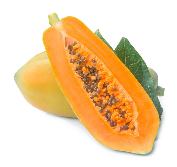 Whole Fresh Ripe Orange Papaya Half Leaves Isolated White Background — Stock Photo, Image