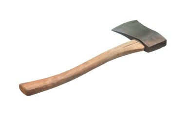 Old rust dirty dark gray axe with brown wooden handle is isolated on white background with clipping path.