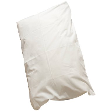 White crumpled pillow with case after guest's use at hotel or resort room is isolated on white background with clipping path. Concept of confortable and happy sleep in daily life