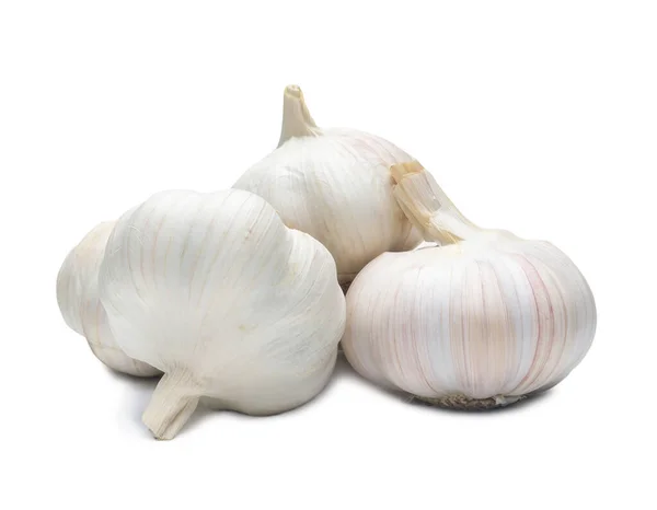 Four Fresh White Garlic Bulbs Stack Isolated White Background Clipping — Stock Photo, Image