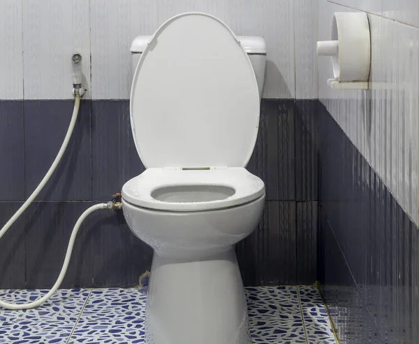 Biała Muszla Klozetowa Opryskiwaczem Bidetowym Ośrodku Lub Toalecie Hotelowej Została — Zdjęcie stockowe