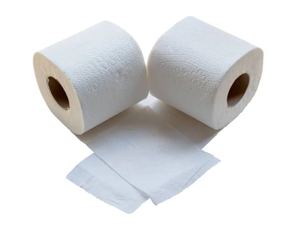 Δύο Ρολά Λευκού Χαρτιού Υγείας Καθαριότητας Χαρτοπετσέτας Απομονώνονται Λευκό Φόντο — Φωτογραφία Αρχείου