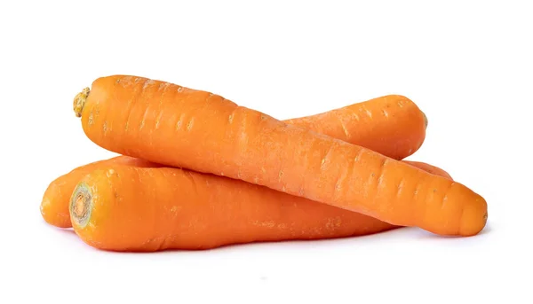Tres Zanahorias Naranjas Frescas Pila Están Aisladas Sobre Fondo Blanco — Foto de Stock