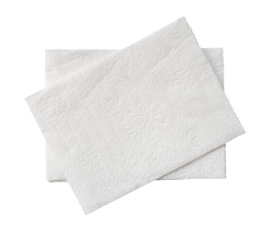 Katlanmış iki parça beyaz kağıt ya da peçetenin üst görünümü kırpma yolu ile beyaz arkaplanda izole edilir.