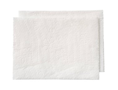 Katlanmış iki parça beyaz kağıt ya da peçetenin üst görünümü kırpma yolu ile beyaz arkaplanda izole edilir.