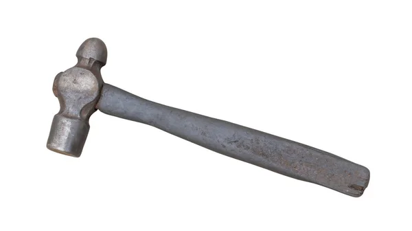 stock image Single dirty old metal or iron hammer with wooden handle is isolated on white background with clipping path.