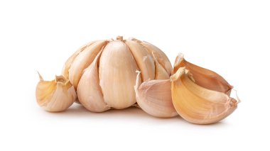 Single fresh white garlic bulb with segments is isolated on white background with clipping path, Thai herb is great for healing several severe diseases, heart attack
