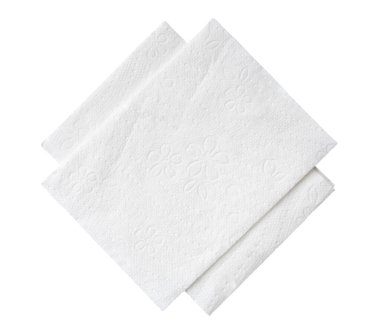 Katlanmış iki parça beyaz kağıt ya da peçetenin üst görünümü kırpma yolu ile beyaz arkaplanda izole edilir.