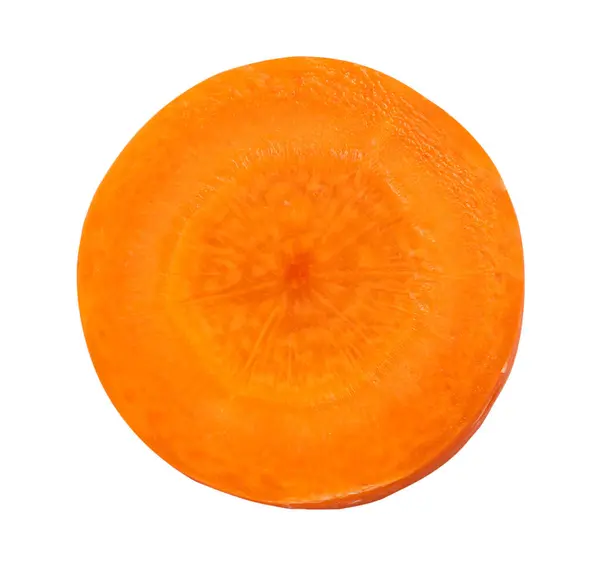 Ovanifrån Och Närbild Foto Enda Orange Morot Skiva Isolerad Vit — Stockfoto
