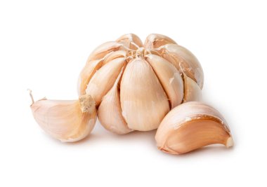 Single fresh white garlic bulb with segments is isolated on white background with clipping path, Thai herb is great for healing several severe diseases, heart attack